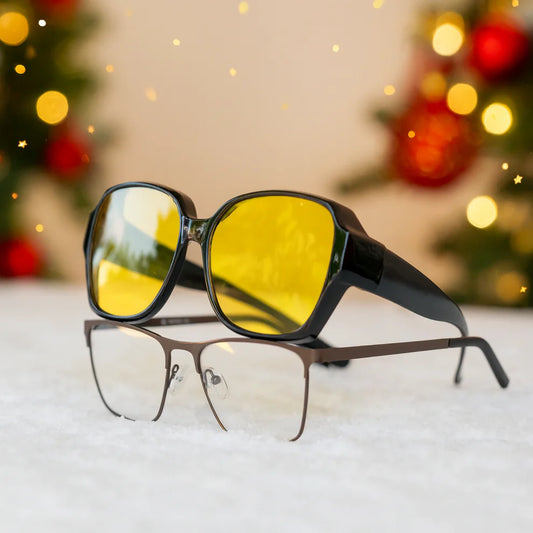 OptiNight® Ámbar nocturno Gafas nocturnas anti-deslumbramiento que se colocan sobre tus lentes de prescripción