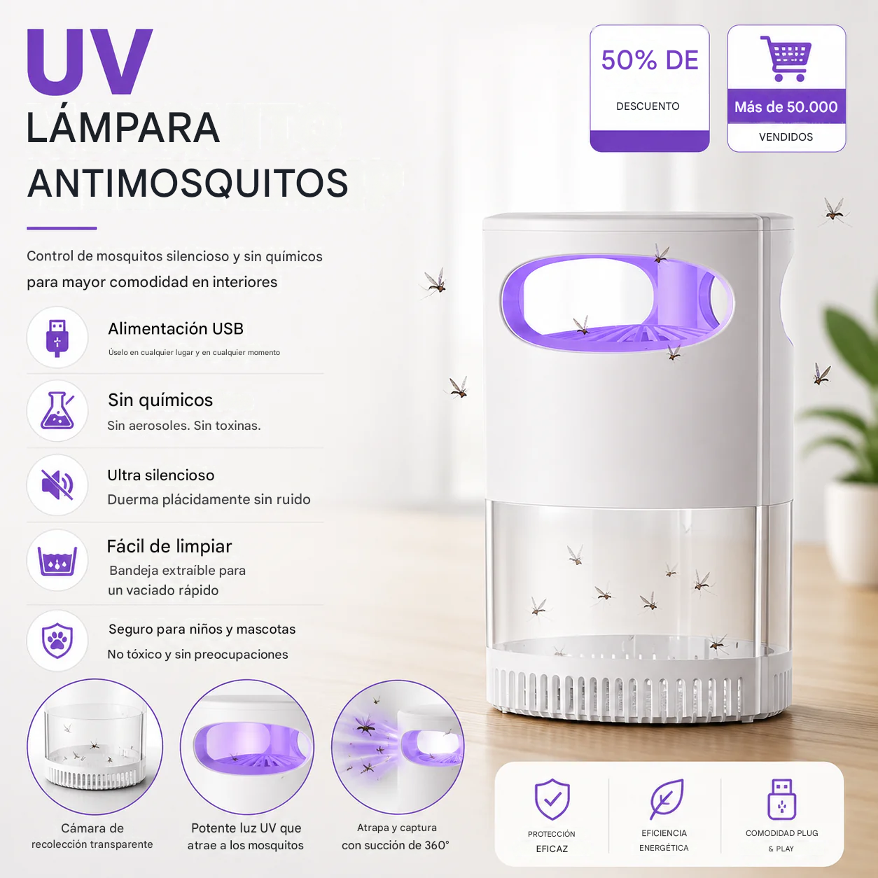Lámpara UV🩻 antimosquitos🦟🚫: silenciosa, USB, sin químicos.